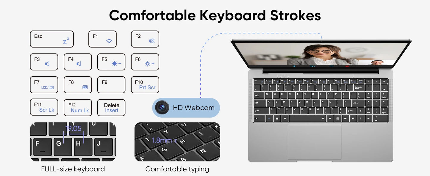 15.6 "Thin & Portable Laptop Computer Intel Celeron N4000 8GB RAM 256GB SSD FHD 1920x1080 16:9 Display For Work And Study