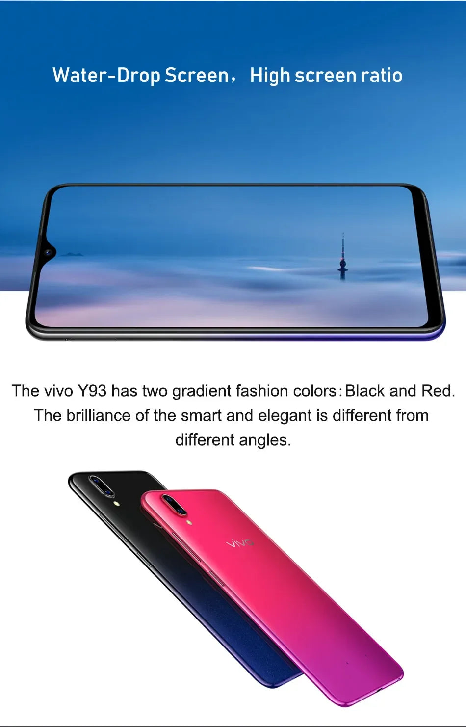 VIVO Y93 Smartphone Global firmware 4GB 64GB Octa core Android 8.1 6.2'' Camera 13MP+2.0MP Face ID cellphone Dual SIM Used Phone