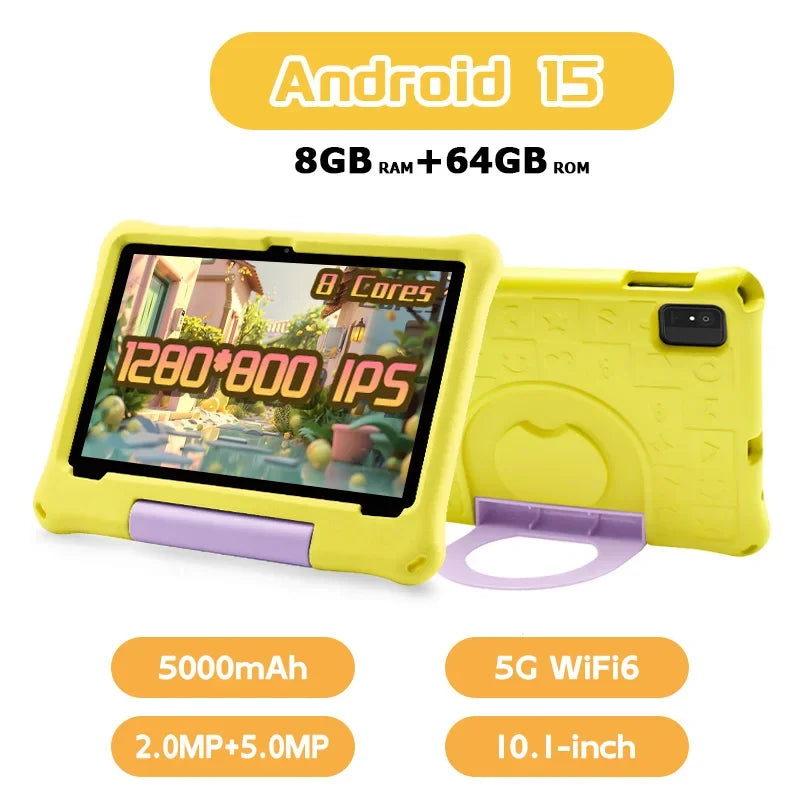 ANRY 10.1 inch Kids Android 15 Tablet 8GB (4+4GB) RAM 64GB ROM 5000Mah Octa-core 5G Wifi Children's Learning Educational Tablets