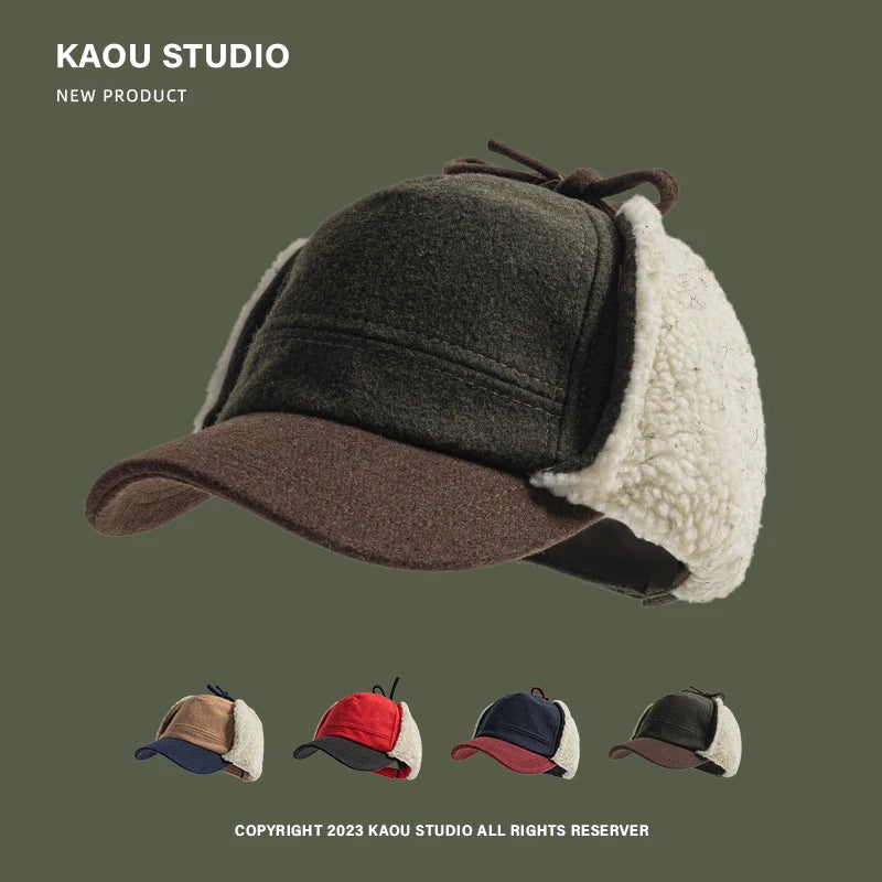 Retro Woolen Color Matching Bomber Hat Men and Women Street Japanese Trend Peaked Cap Plush Thermal Ear Protection Baseball Cap