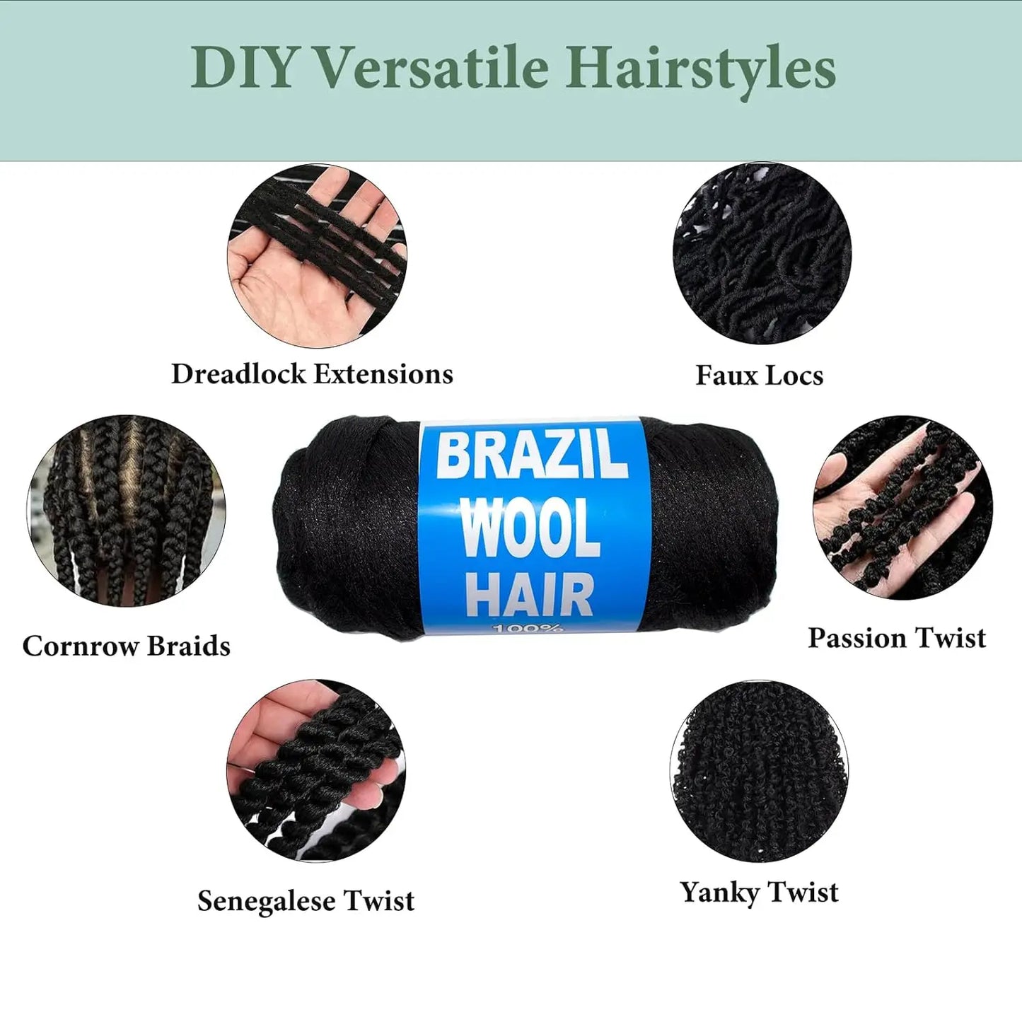 2/3/5/12pc Brazilian Wool Hair Synthetic Crochet Hair Extensions for Women African Hair Yarn for Natural Black, Jumbo Braids 