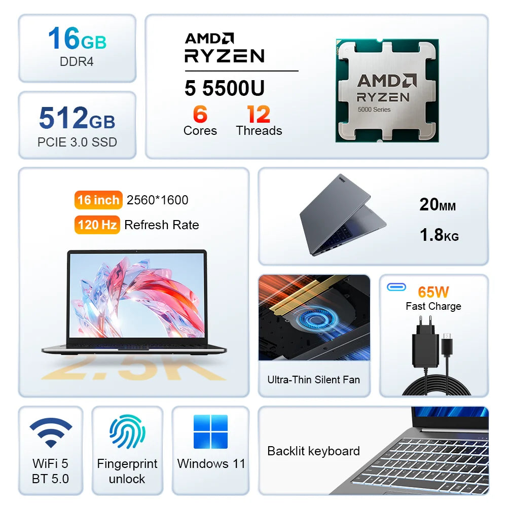 Ninkear A15 Pro Laptop 16" IPS 2.5K FHD AMD Ryzen5 5500U Notebook 16G DDR4 3200Mhz+512GB SSD 54Wh Battery Windows11 PRO Computer
