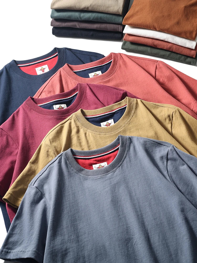 2025 Summer New American Retro Short Sleeve O-neck Solid Color T-shirt Men's Fashion 100% Cotton Washed Casual Terry Cloth Tops