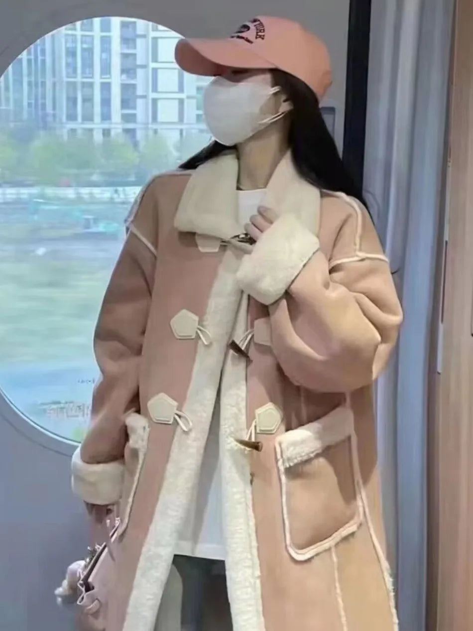 2025 Autumn Winter Women's Simple and Chic Long Coat with Button Design Lamb Wool Collar, Versatile and Stylish for Casual Wear