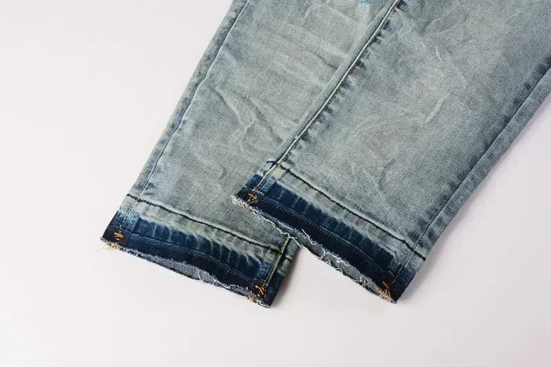 2025 Jeans Man's High Street Blue Ripped Distressed Skinny Jeans Low Rise Denim Trousers Fashion Repair Pants 9003