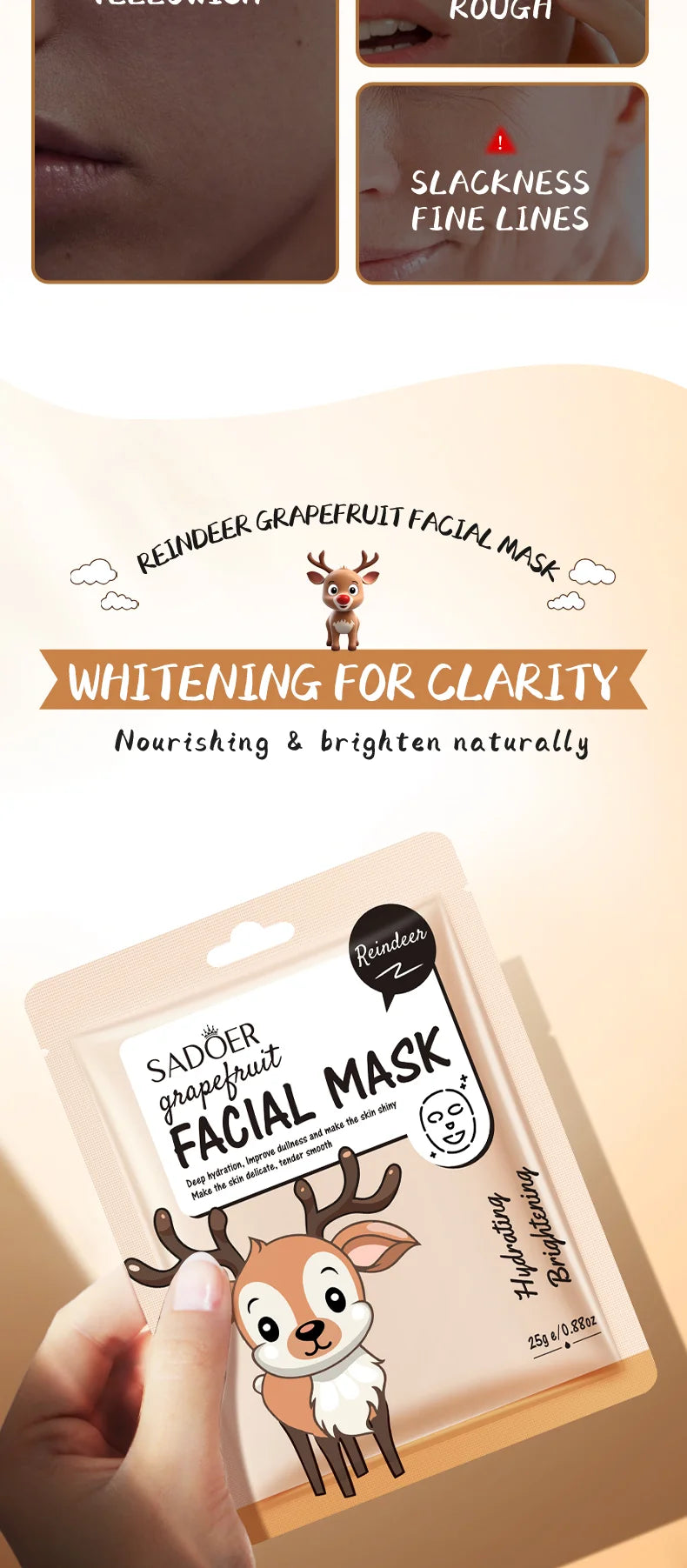 5pcs SADOER Cartoon Fresh Fruit Facial Mask Anti Wrinkle Moisturizing Soothing Brightening Hydrating Face Mask Skin Care