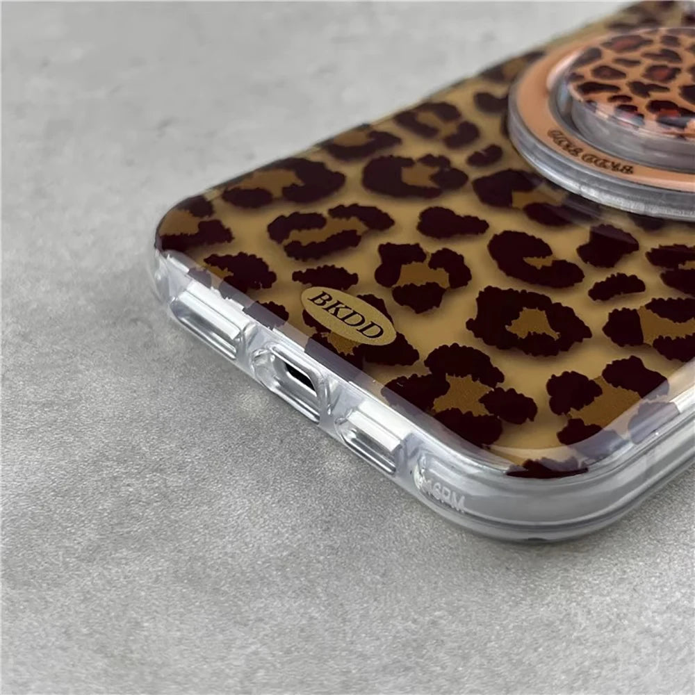 3D Luxury Leopard For Magsafe Grip Tok Phone Case for IPhone 17 16 15 13 Pro Max Wireless Charge Magnetic Stand Holder Cover