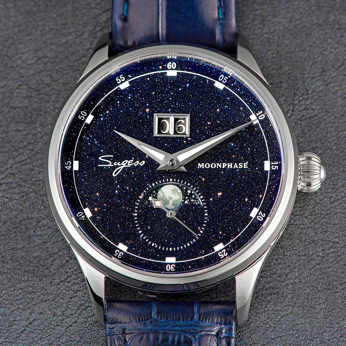 Sugess Moonphase Watch of Men 40mm Automatic Mechanical Wristwatches Origin ST2528 Movement Stainless Steel Blue Sandstone Dials