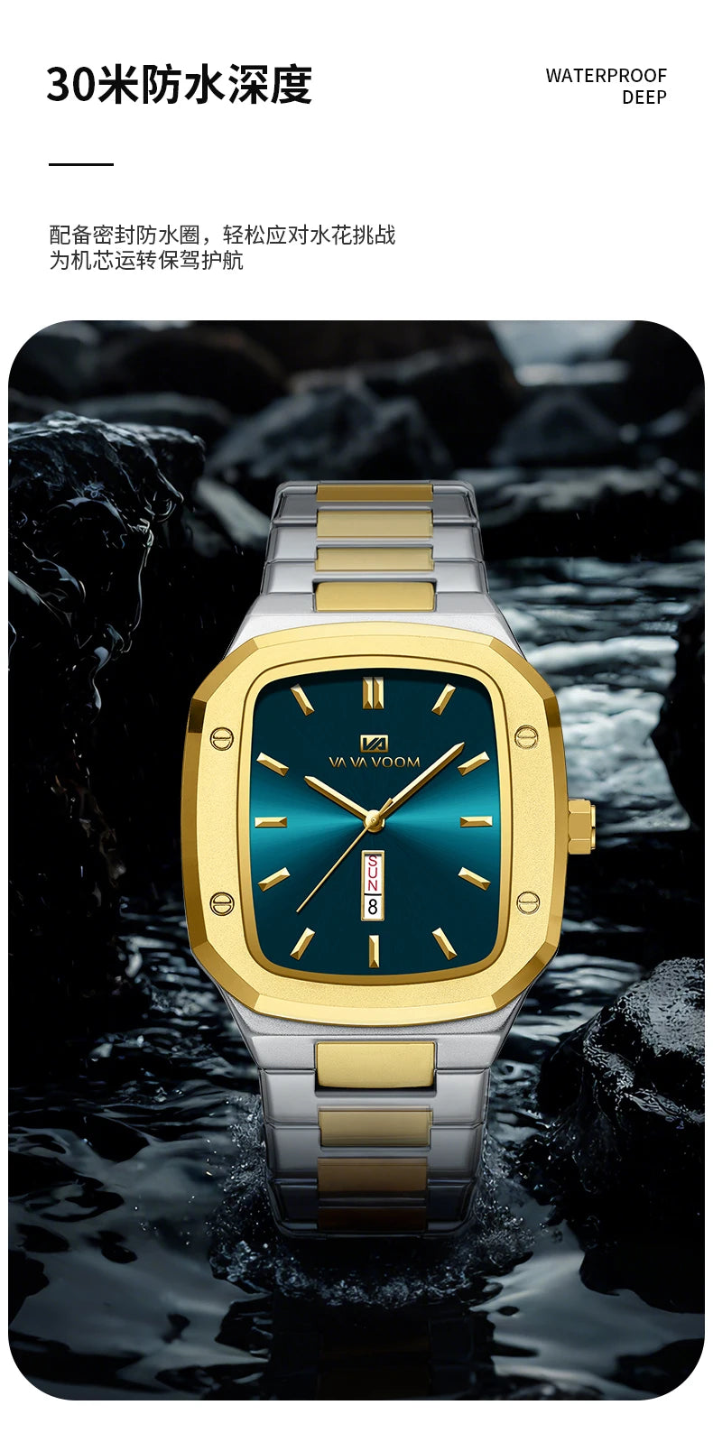 2025 New Men Watch Week Quartz Movement Square Stainless Steel Clock Gold Black Waterproof Luxury Brand Waterproof Sports Watch