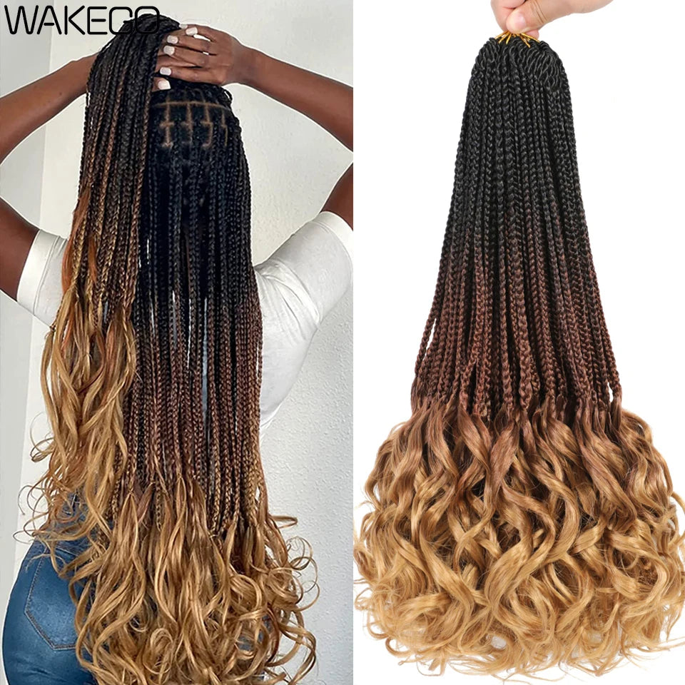 14 18 24 Inch French Curl Box Braids Crochet Hair Ombre Brown to Blonde Prelooped Synthetic French Curls Braiding Hair for Women