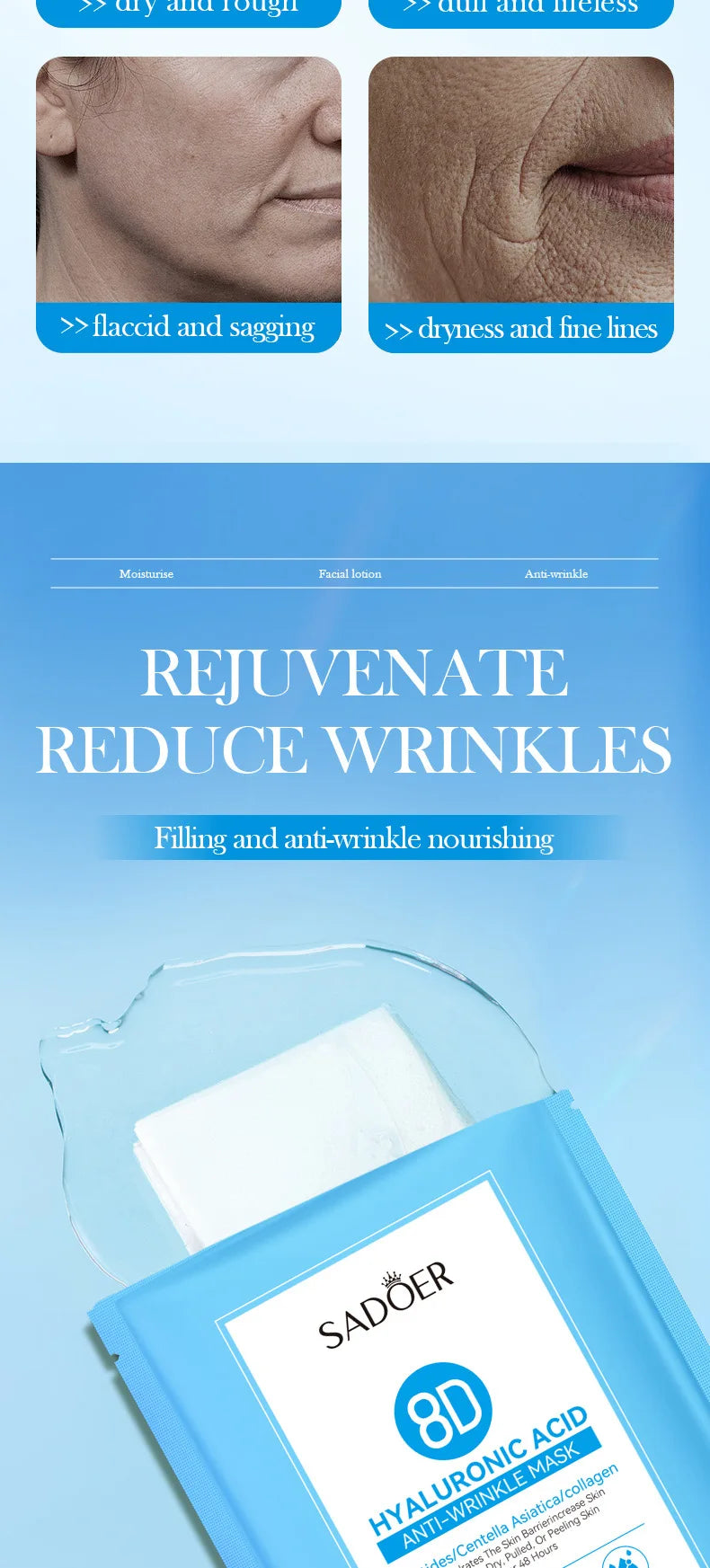 5pcs SADOER 8D Hyaluronic Acid Face Mask Anti Wrinkle Facial Moisturizing Nourishing Firming Hydrating Facial Mask Skin Care