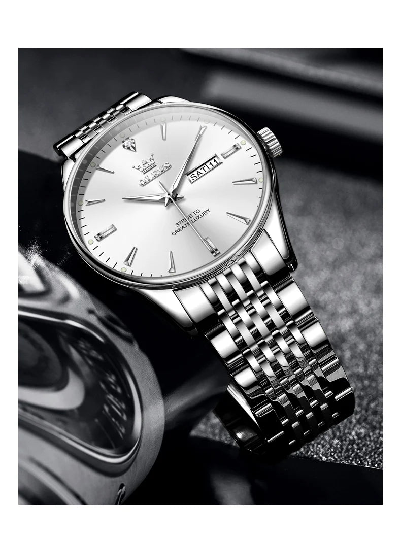 OLEVS Men's Watches Fashion Simple Calendar Week Luminous Waterproof Steel Strap Man Watch Original Quartz Watches for Men 2929