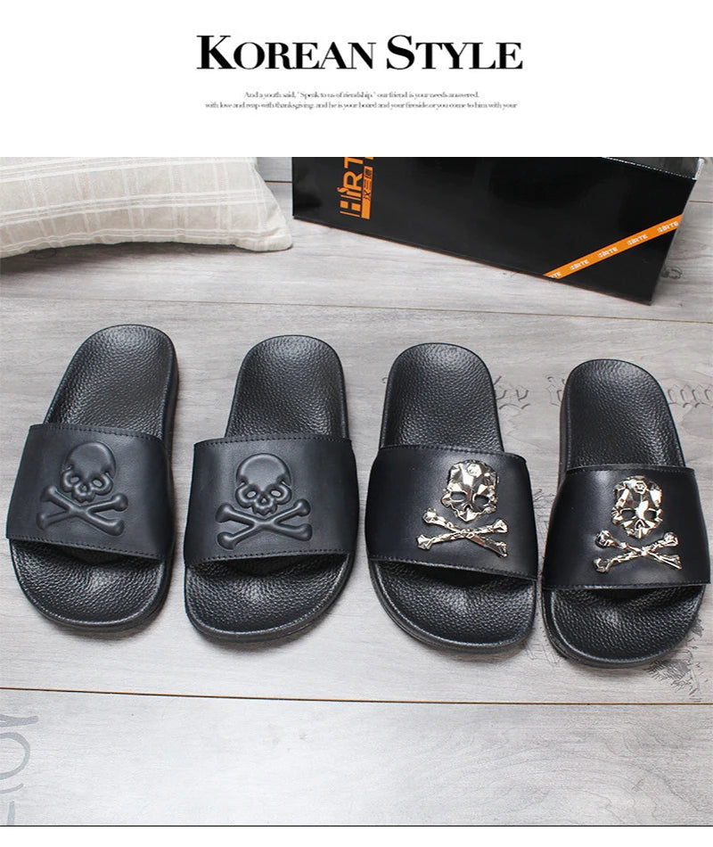 2025 New Arrival Men Genuine Leather Skull Slippers Men's Solid Flat Non-slip Rubber Soles Metal Skull Slides Unisex