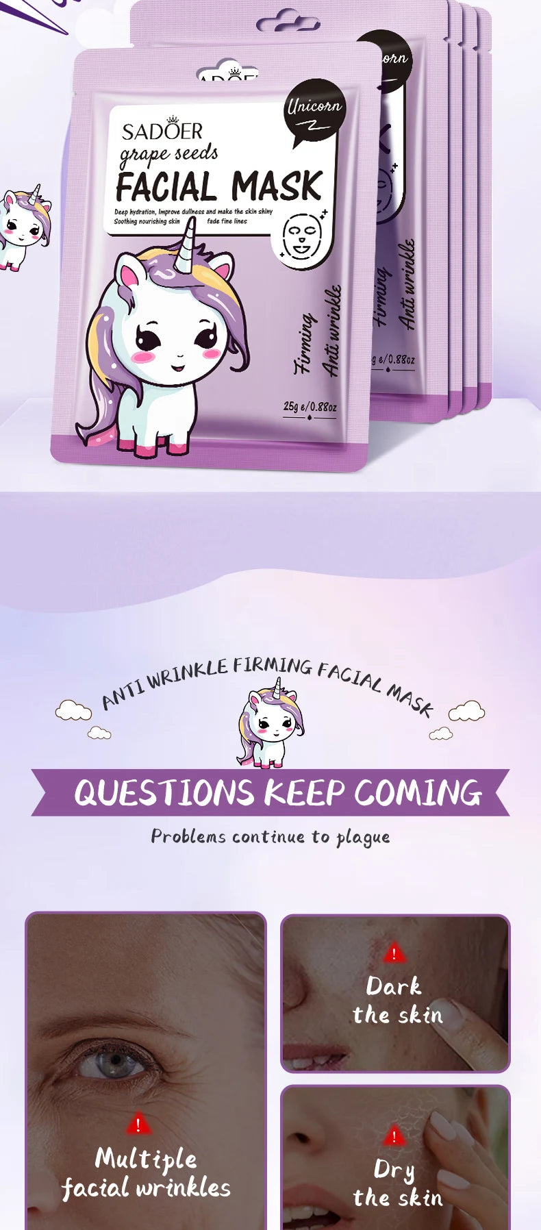 5pcs SADOER Cartoon Fresh Fruit Facial Mask Anti Wrinkle Moisturizing Soothing Brightening Hydrating Face Mask Skin Care