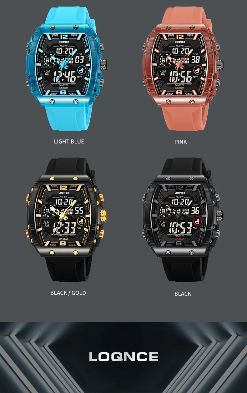 LOQNCE Sports Watches Fashion Men Watches 50m Waterproof Rectangle LED Big Dial Display Digital Watches LED Wristwatches Men