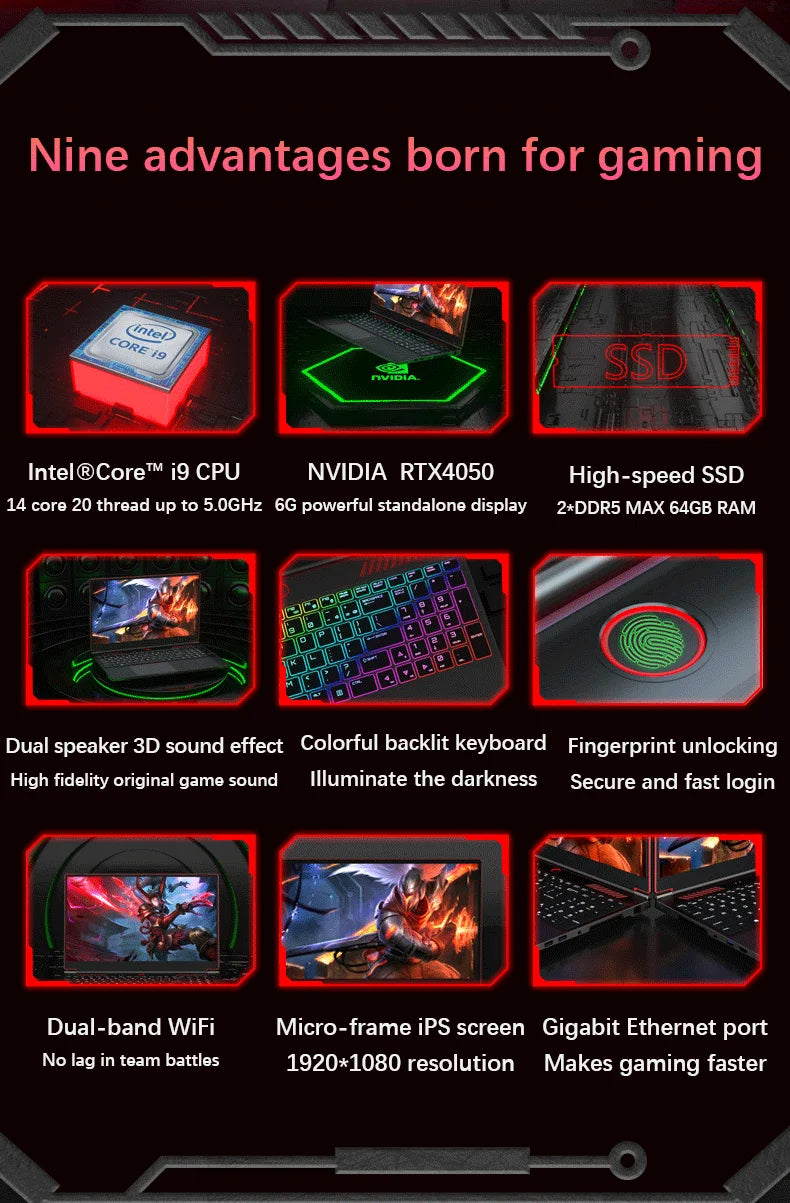 16.1 Inch Gaming Laptop Computer RTX4050 6G Intel Core i9-13900H i5-12450H windows11 por Max 64GB 2*DDR5 2*M.2 NVME 4TB SSD WiFi
