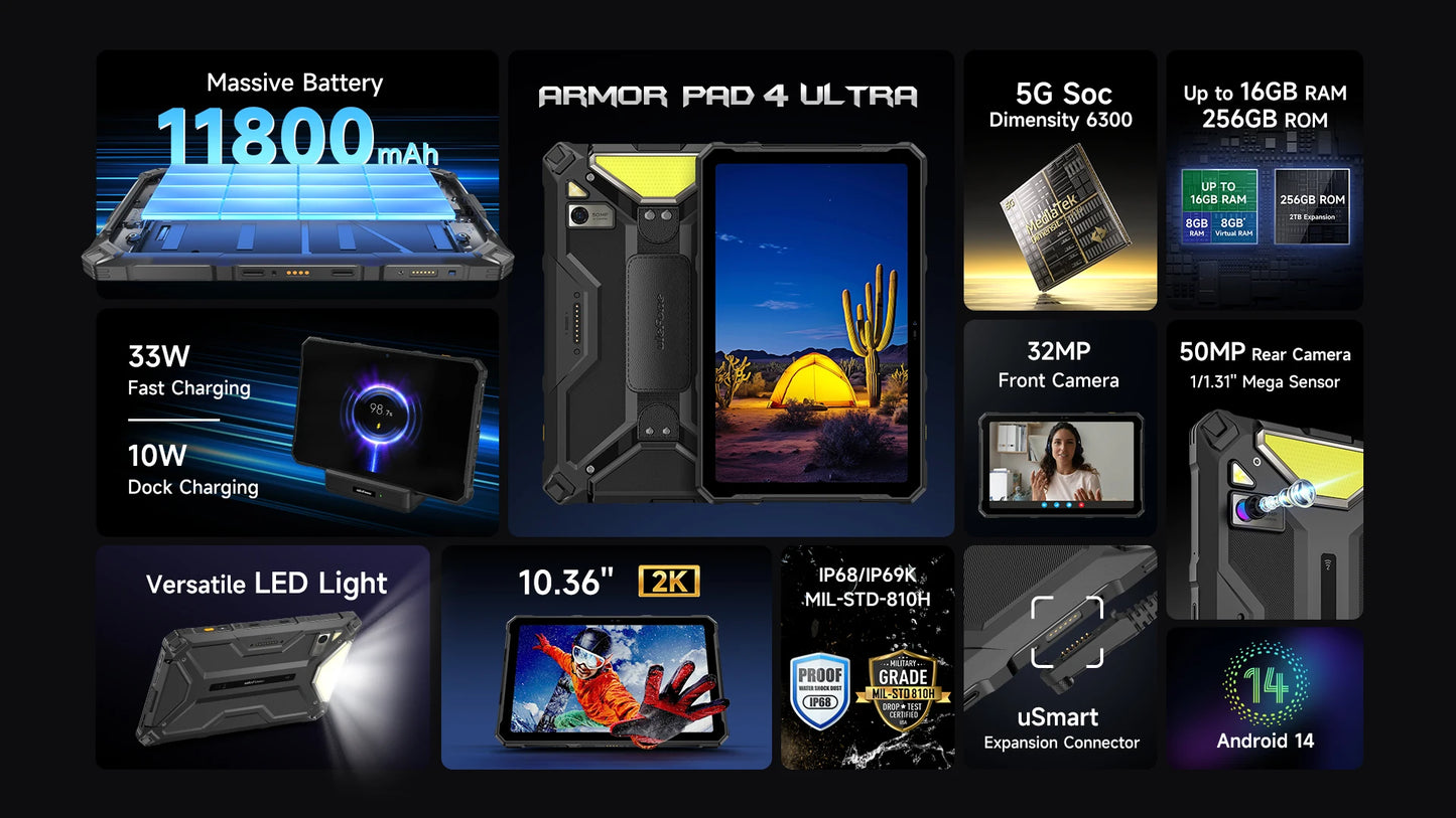 5G Rugged Tablet Ulefone Armor Pad 4 Ultra IP68/IP69K LED Light 11800mAh Battery,fast charging 16GB+256GB 50MP