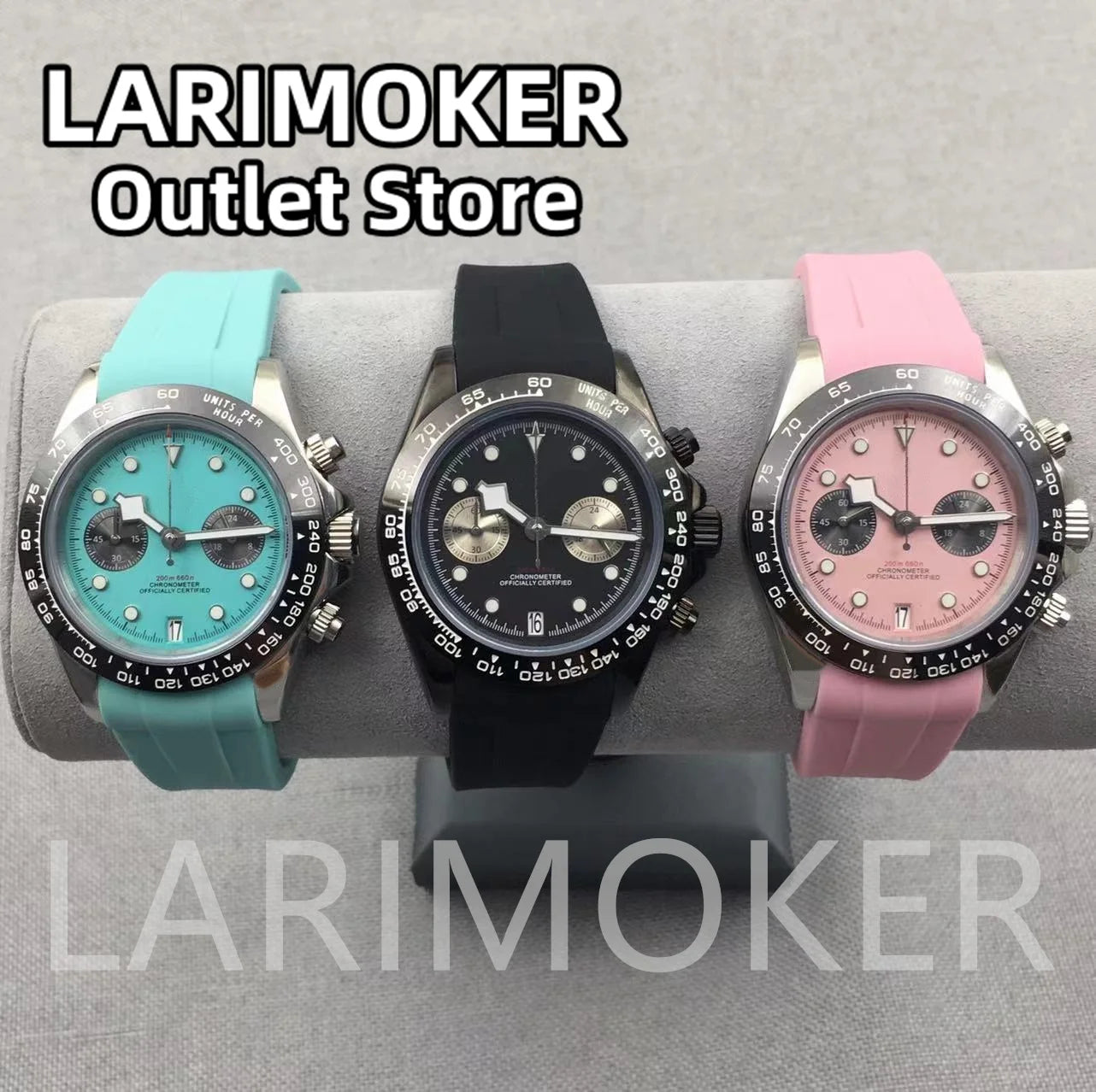 LARIMOKER 39mm Chronograph VK64 Quartz Watch For Men Sapphire Glass Luminous Hand Blue Black White Pink Rubber Bracelet Watch