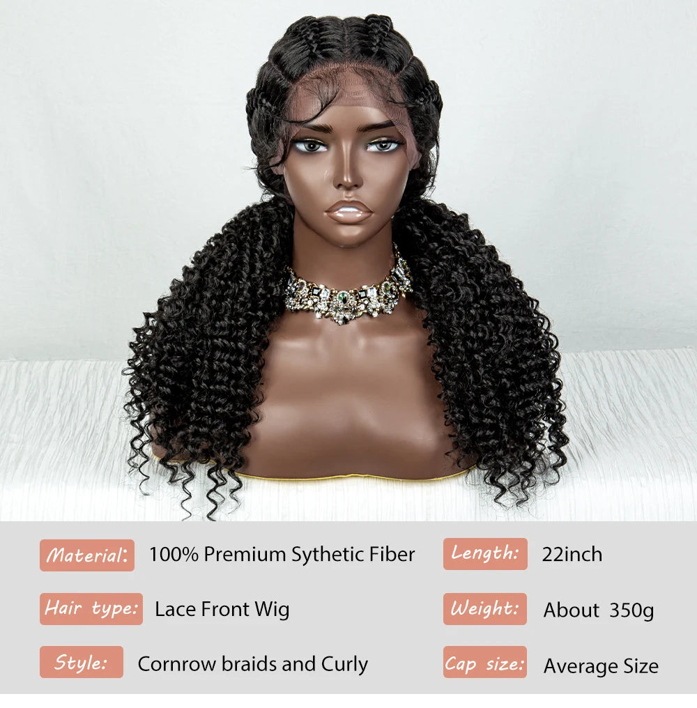 22inch Cornrow Braided Wigs Synthetic Lace Front Braids Wigs with Baby Hair 2 Curly Ponytail Braided Wigs for Black Women