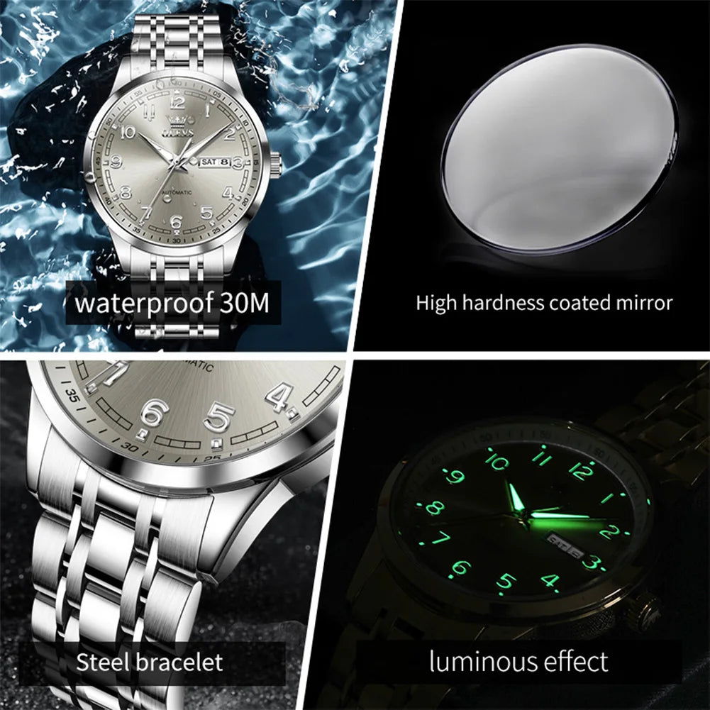 OLEVS Men Watches 7077 Luxury Fashion Top Brand Original Automatic Mechanical Watch for Man Double Scale Simple Trend Waterproof