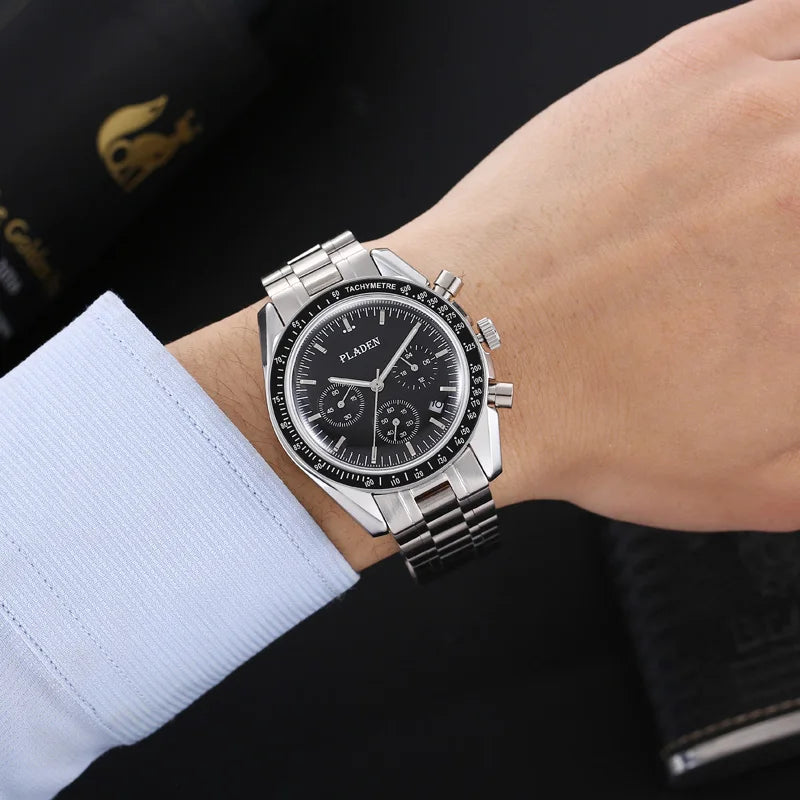 PLADEN New Arrival Luxury Watch For Men Fashion Stainless Steel Chronograph Quartz Wristwatch Business Sport Waterproof Watches