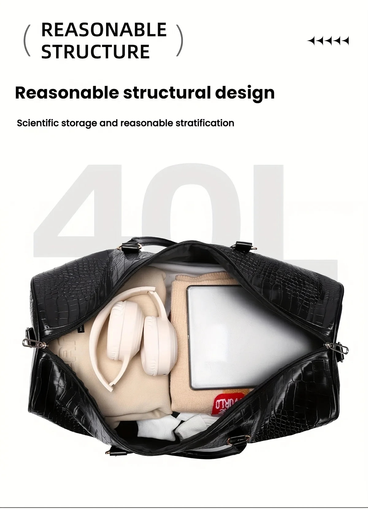 Large Capacity Retro Crocodile-Textured Duffel Bag with Adjustable Shoulder Strap, Stylish Gym, Weekender & Overnight Bag