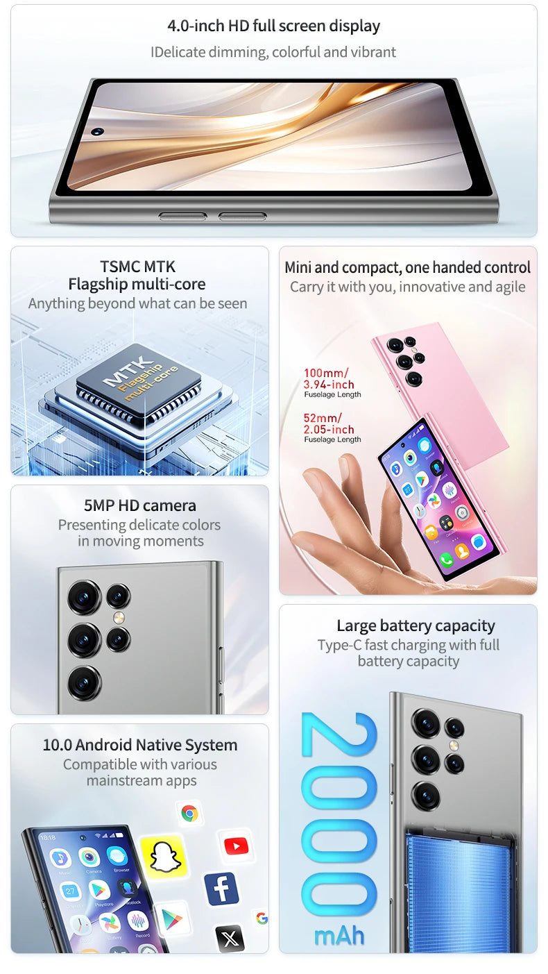 ONEMYTH S25 Pro 4.0" Mini Smartphone 2GB RAM 16GB ROM Android10.0 Face Recognition Unlock 2000mAh 3G Small Mobile Phone