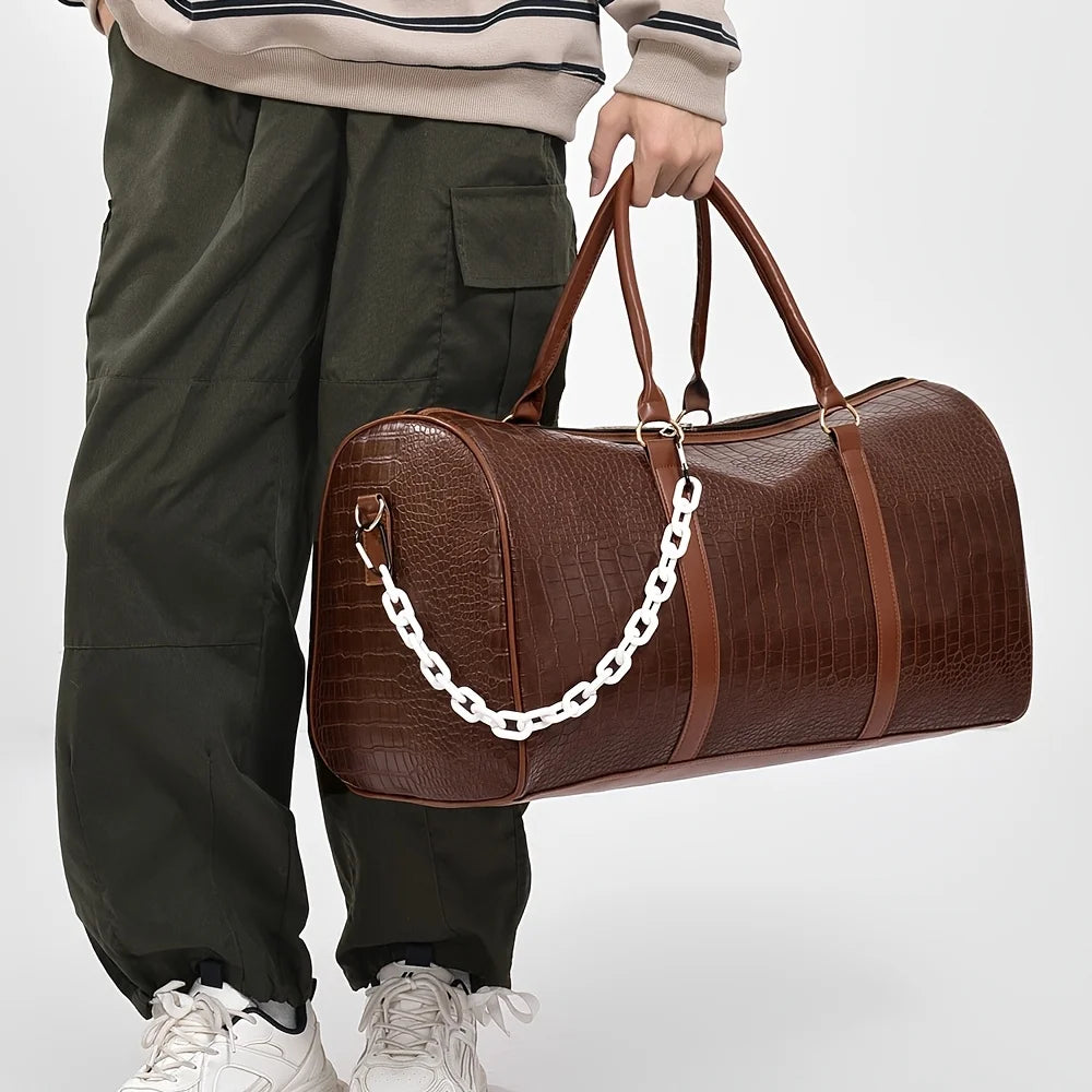 Large Capacity Retro Crocodile-Textured Duffel Bag with Adjustable Shoulder Strap, Stylish Gym, Weekender & Overnight Bag