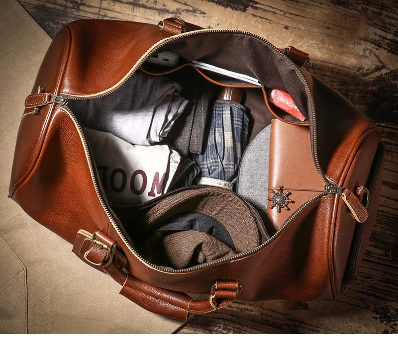 LUOKIR High Quality Men's Travel Bag Genuine Leather Luxury Luggage Bag Women's Weekend Duffle Bag Vintage Business Handbag