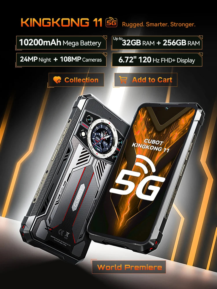 Rugged Smartphone 5G Cubot KingKong 11, 10200mAh Battery, Dimensity 7025, 6nm, 2.5GHz, 32GB RAM(16+16), 256GB ROM,108MP Camera