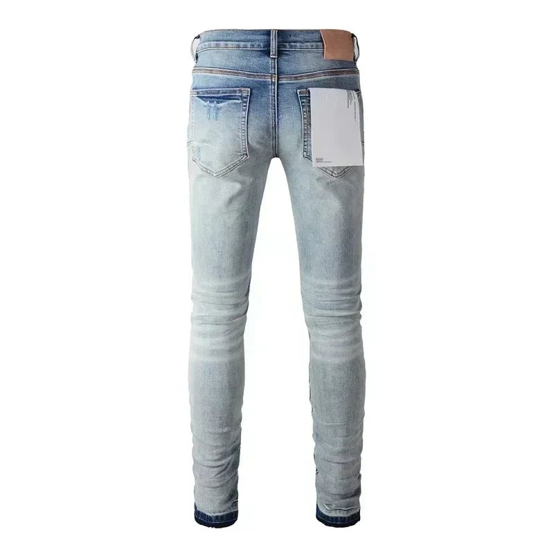 2025 Jeans Man's High Street Blue Ripped Distressed Skinny Jeans Low Rise Denim Trousers Fashion Repair Pants 9003