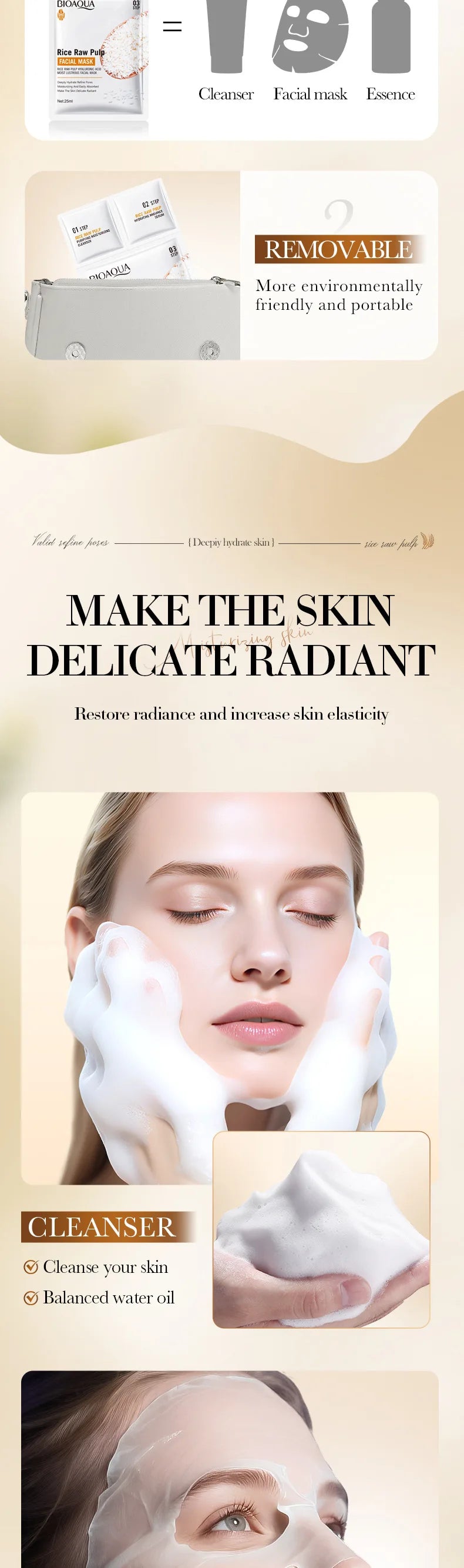 5pcs BIOAQUA White Rice Face Mask Sets Moisturizing Whitening Anti Wrinkle Facial Serum Cleanser Face Masks Skin Care Kit