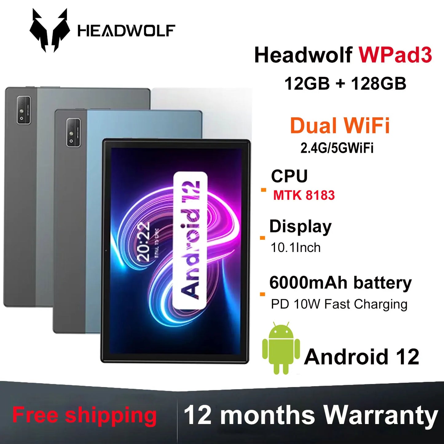 HEADWOLF WPad3 Android 12 Tablet 10.1 inch 6GB RAM DDR4X 128GB ROM UFS 2.1 MTK 8183 Octa-core Tablet PC Rear Camera16MP 7700 mAh