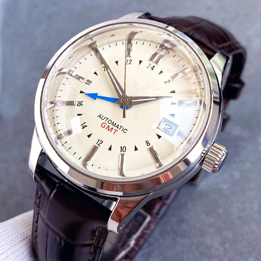 Tandorio 200M Water Resistant Dive NH34 GMT Cream Black Dial Automatic Watch Men Sapphire Polished Case Glass Back Montre hommes