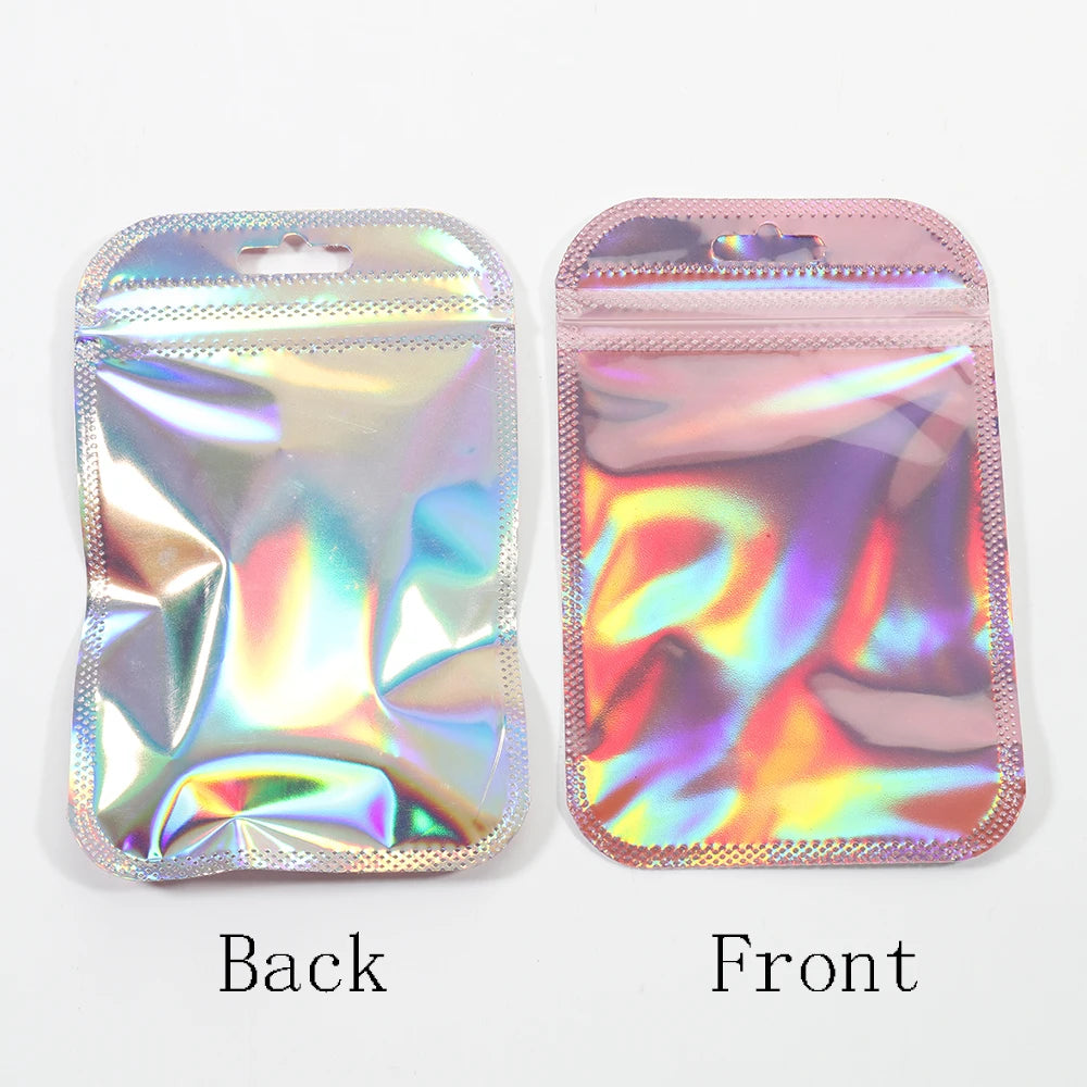 50pcs Iridescent Self Sealing Bags Pink Laser Plastic Pouches Resealable Zip Lock Packaging for Jewelry Display Retail Bags