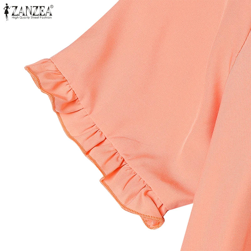 2025 ZANZEA Elegant Women Midi Dresses Summer Office Work Dress Short Sleeve O Neck Party Vestidos Pleated Sundress Robe Femme