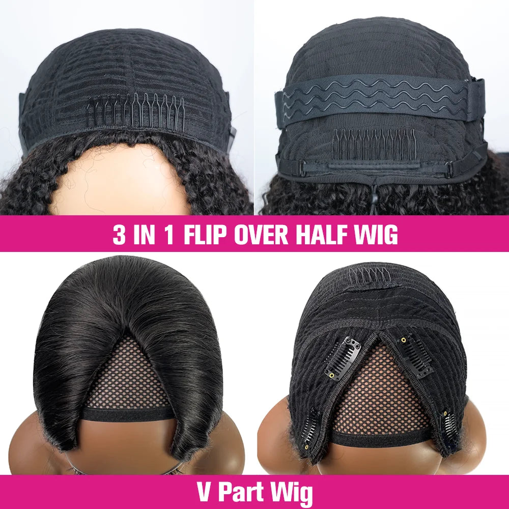 250% Kinky Curly V Part Wig Human Hair No Leave Out Upgrade Deep Wave Curly V Shape Wig No Glue Clip In Half Wig For Women