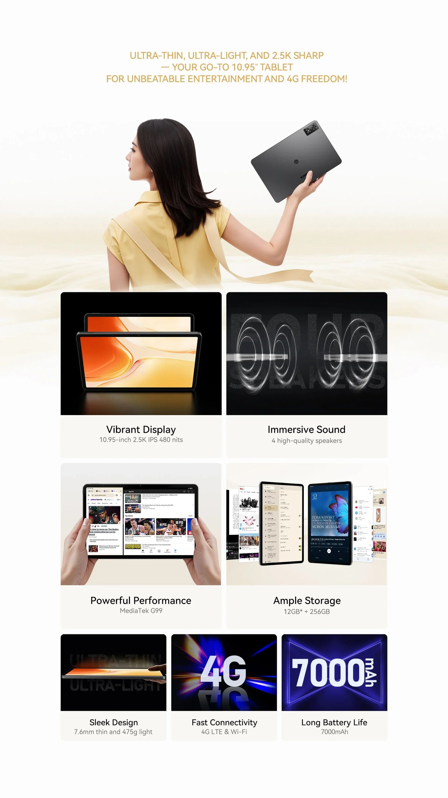 ALLDOCUBE iPlay 70 Pro Tablets 10.95 inch 2.5K 60Hz Display Helio G99 Octa 6GB+10GB RAM 256GB ROM Tablet PC 4G LET WiFi 7000mAh