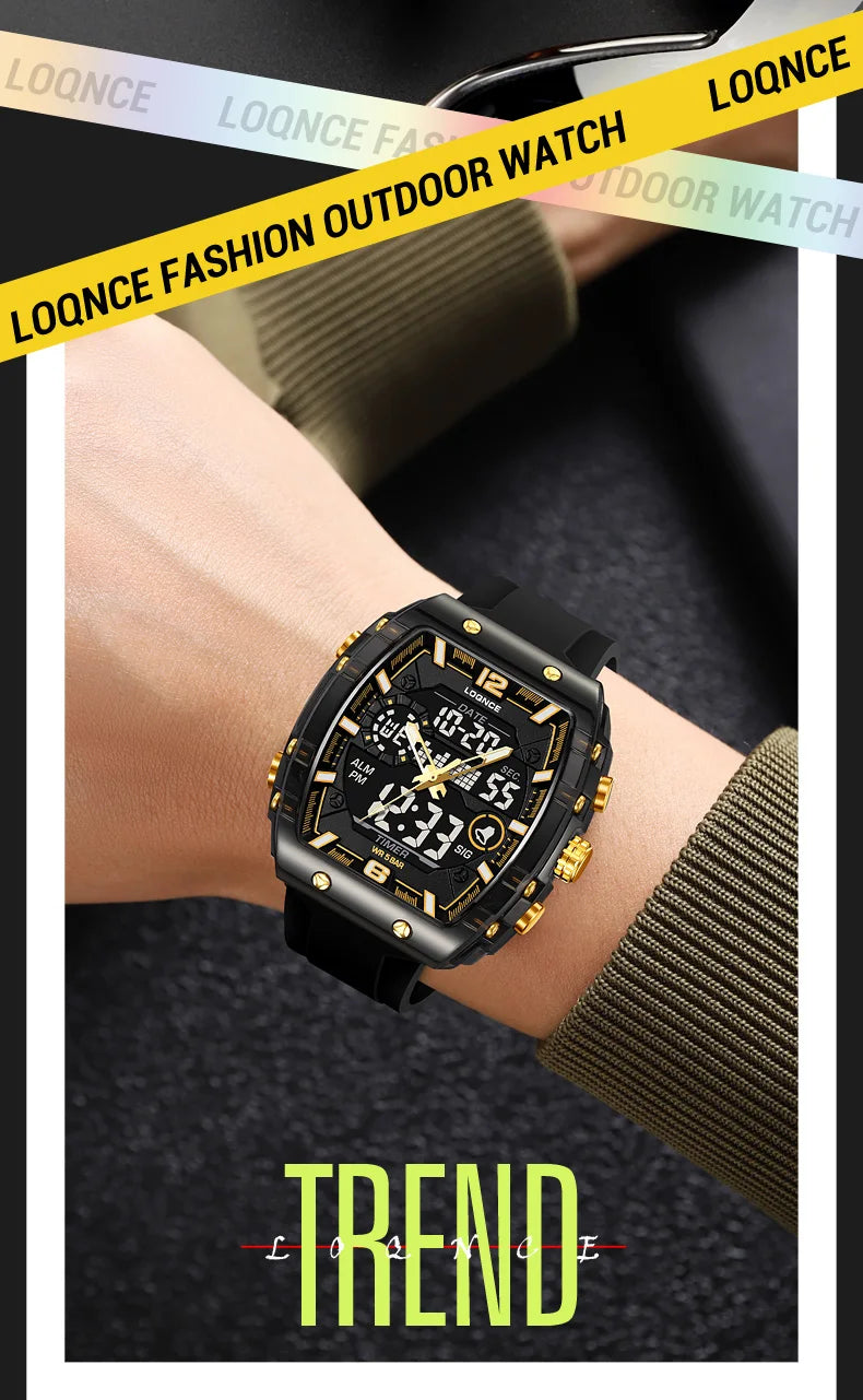 LOQNCE Sports Watches Fashion Men Watches 50m Waterproof Rectangle LED Big Dial Display Digital Watches LED Wristwatches Men