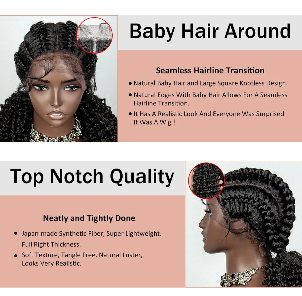 22inch Cornrow Braided Wigs Synthetic Lace Front Braids Wigs with Baby Hair 2 Curly Ponytail Braided Wigs for Black Women