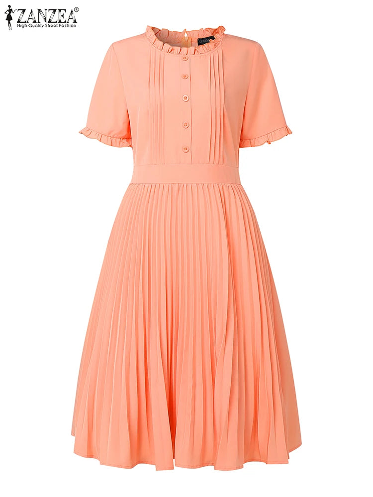 2025 ZANZEA Elegant Women Midi Dresses Summer Office Work Dress Short Sleeve O Neck Party Vestidos Pleated Sundress Robe Femme