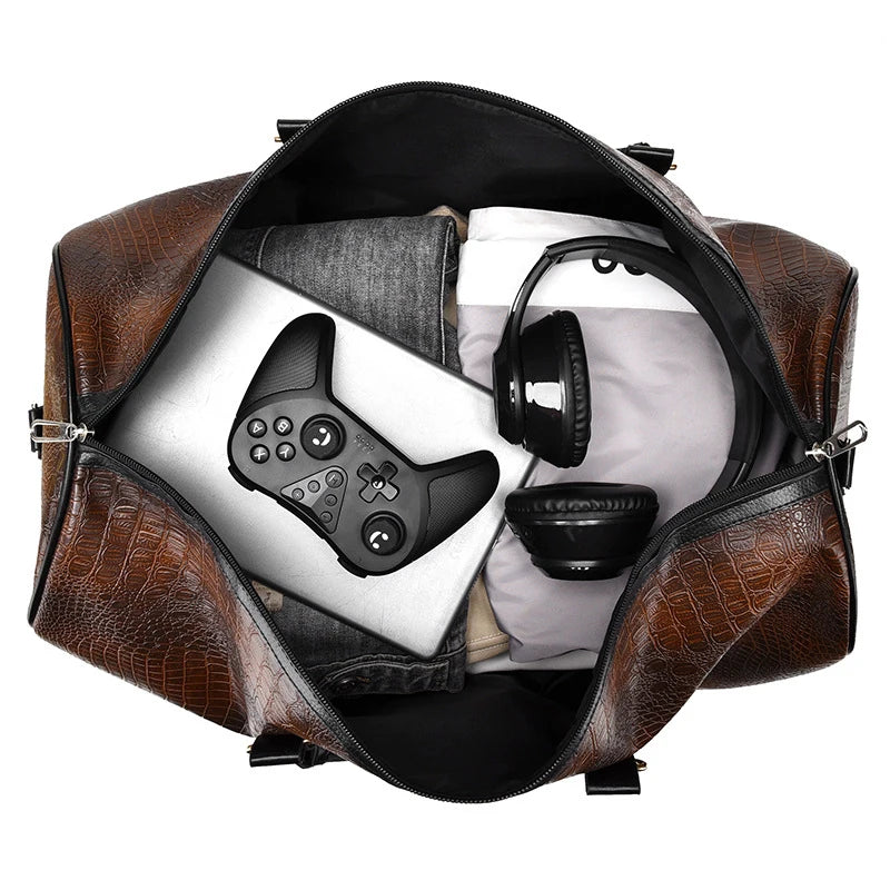 Large Capacity Travel Duffle Bag for Men PU Leather Crocodile Pattern Waterproof Sports daily casual Tote Bag women