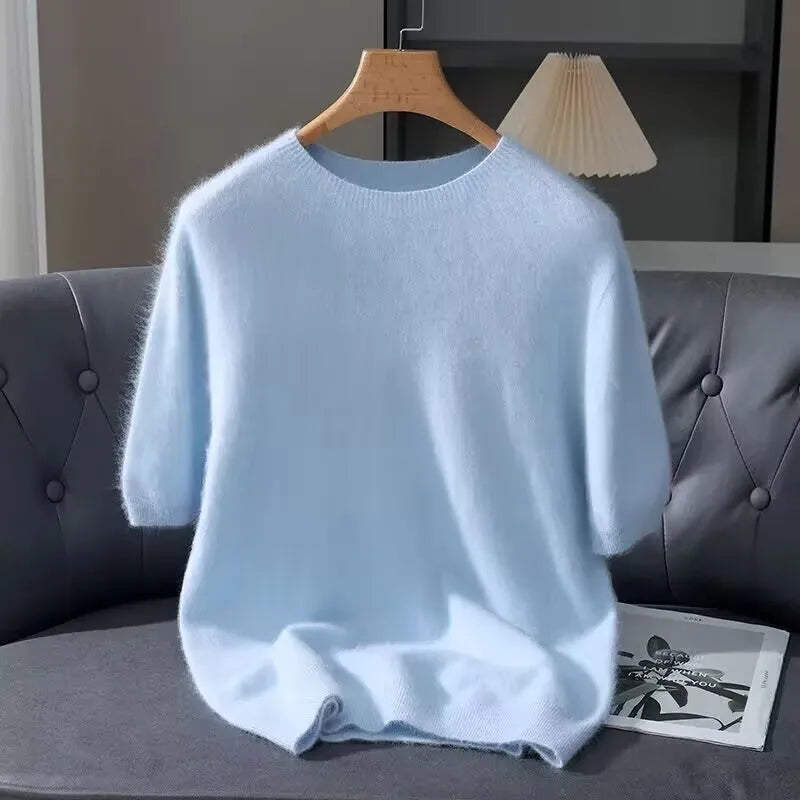 100% Mink Cashmere Knitted Short Sleeved Men's Loose Round Neck Solid Color Half Sleeved Simple T-Shirt Casual Business Cashmere