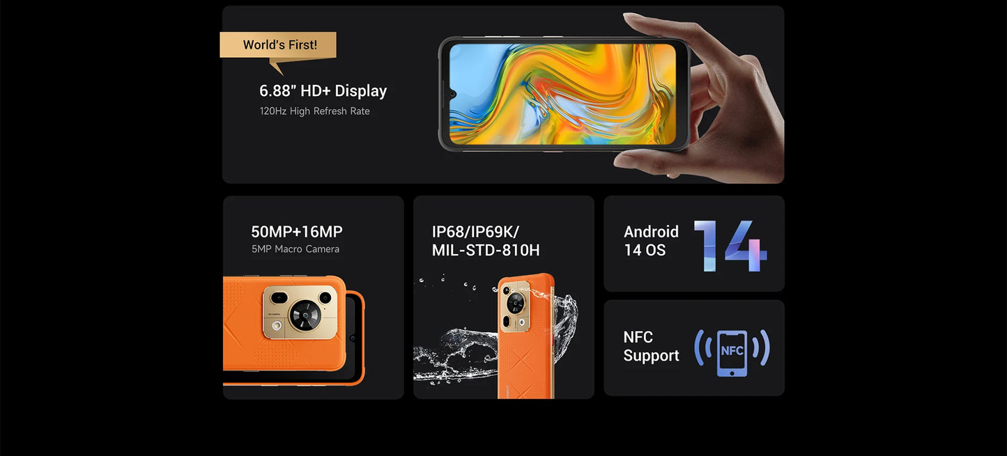 Fossibot F112 PRO 5G Rugged Smartphone 6.88" HD+ 7150mAh 24GB(8+16) 256GB Mobile Phone 50MP Environmentally Friendly Cellphone