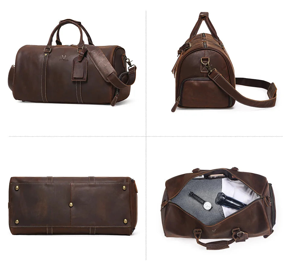 Men's Crazy Horse Leather Duffle Bag Large Capacity Travel Luggage Bag Fits 15'' Laptop & Shoes Durable Totes Bags for Business