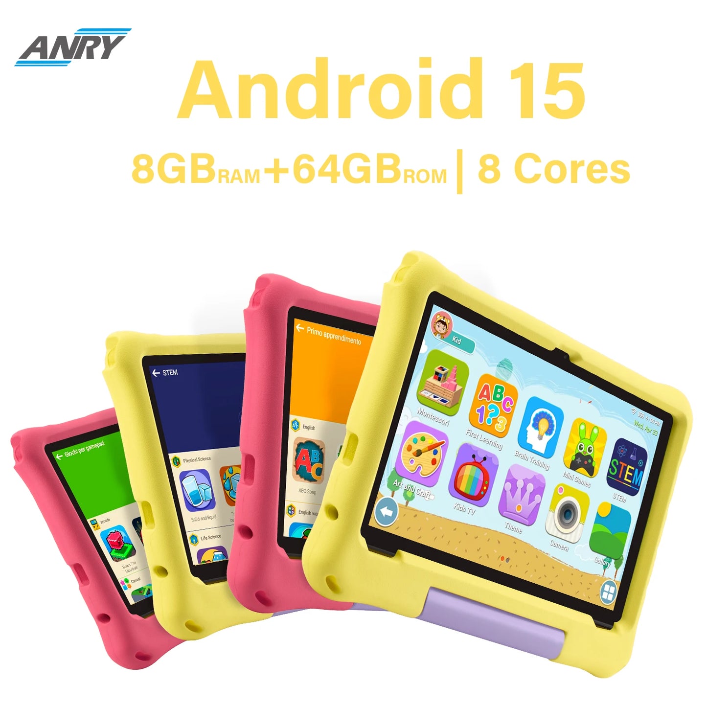 ANRY 10.1 inch Kids Android 15 Tablet 8GB (4+4GB) RAM 64GB ROM 5000Mah Octa-core 5G Wifi Children's Learning Educational Tablets