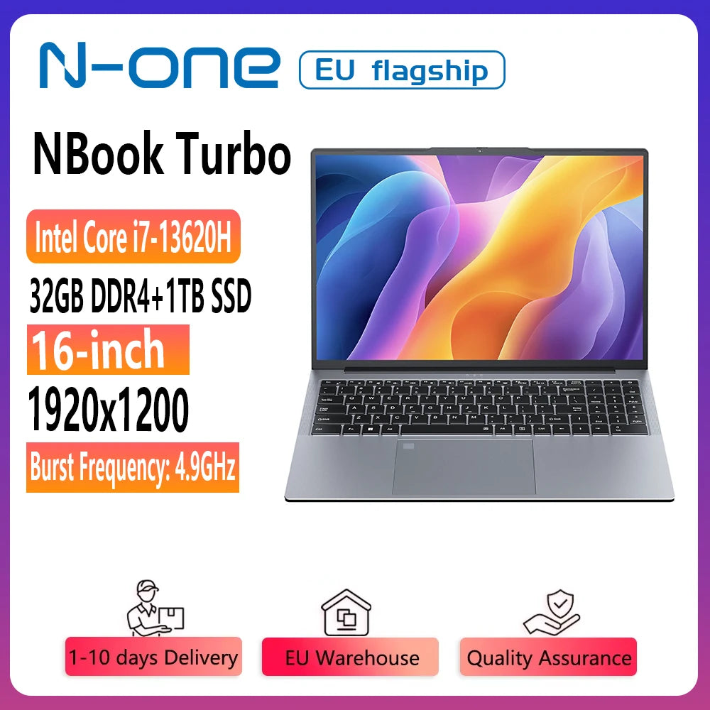 N-one NBook Turbo Intel i7-13620H 16 inch Gaming Laptop 32GB+1TB SSD Computer 1920*1200, 5000mAh, Wi-Fi 5,Bluetooth 4.2,10C/16T