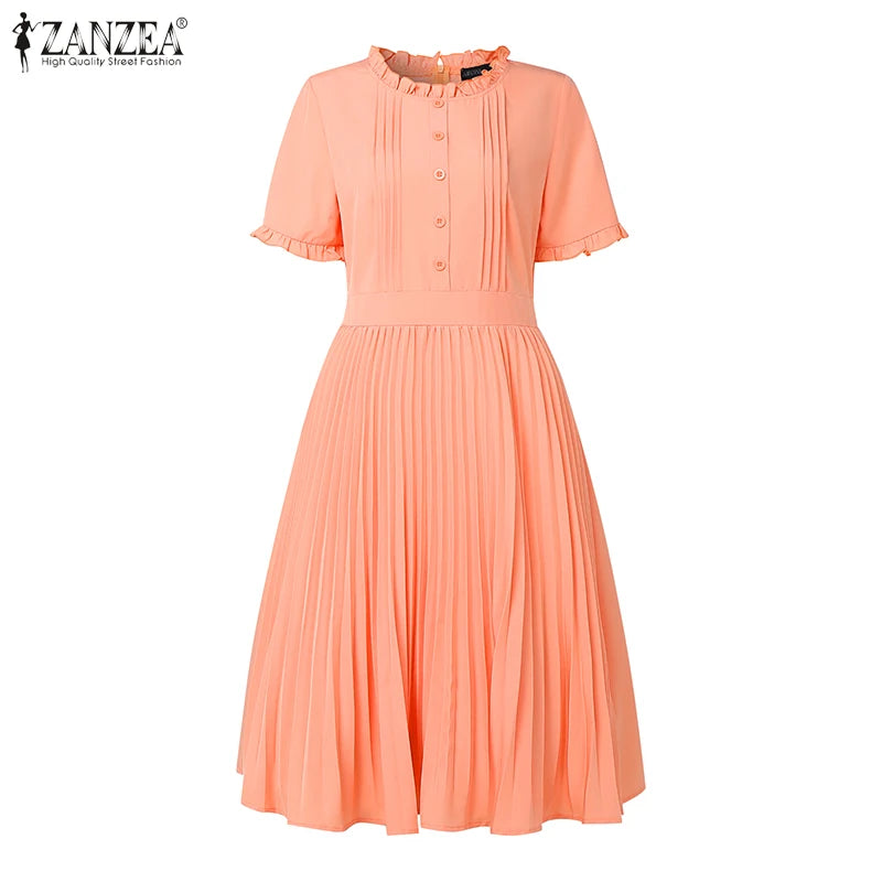 2025 ZANZEA Elegant Women Midi Dresses Summer Office Work Dress Short Sleeve O Neck Party Vestidos Pleated Sundress Robe Femme