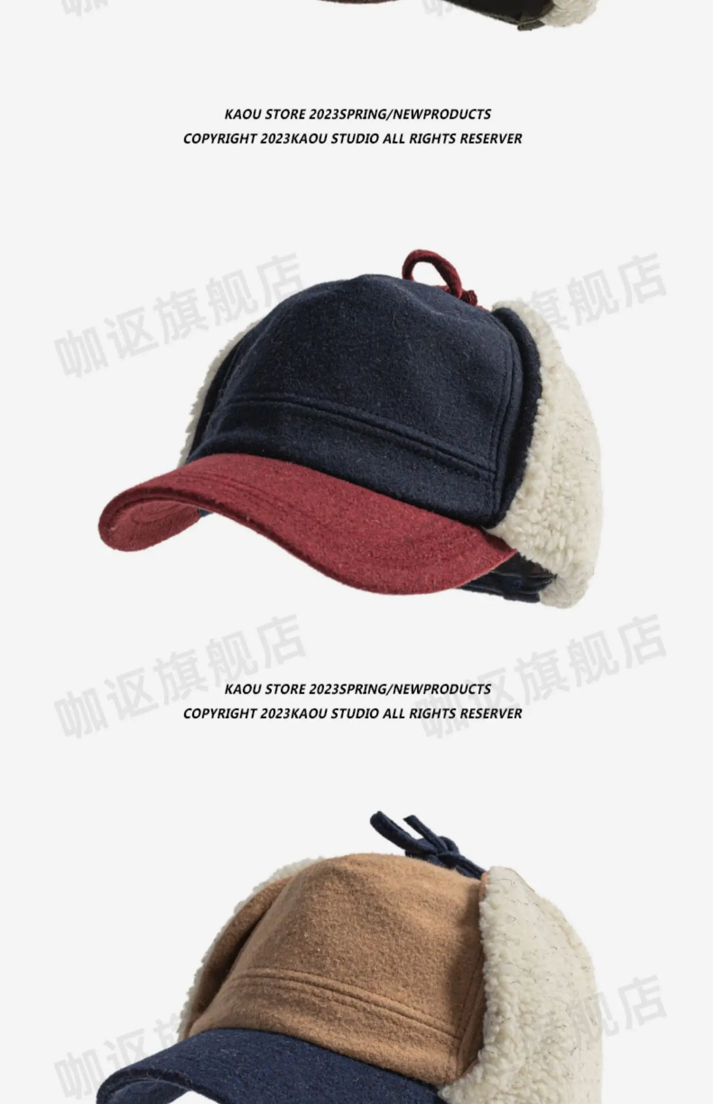 Retro Woolen Color Matching Bomber Hat Men and Women Street Japanese Trend Peaked Cap Plush Thermal Ear Protection Baseball Cap