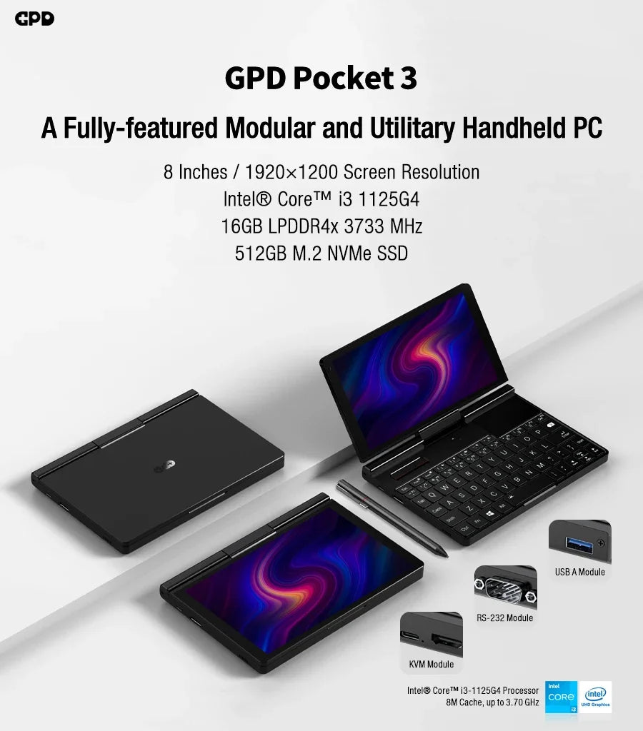 GPD Pocket 3 Intel pentium Gold 7505RAM 16GB RAM 12GB SSD Hard Disk Windows 11 Home Laptop Notebook Mini PC Touch Screen